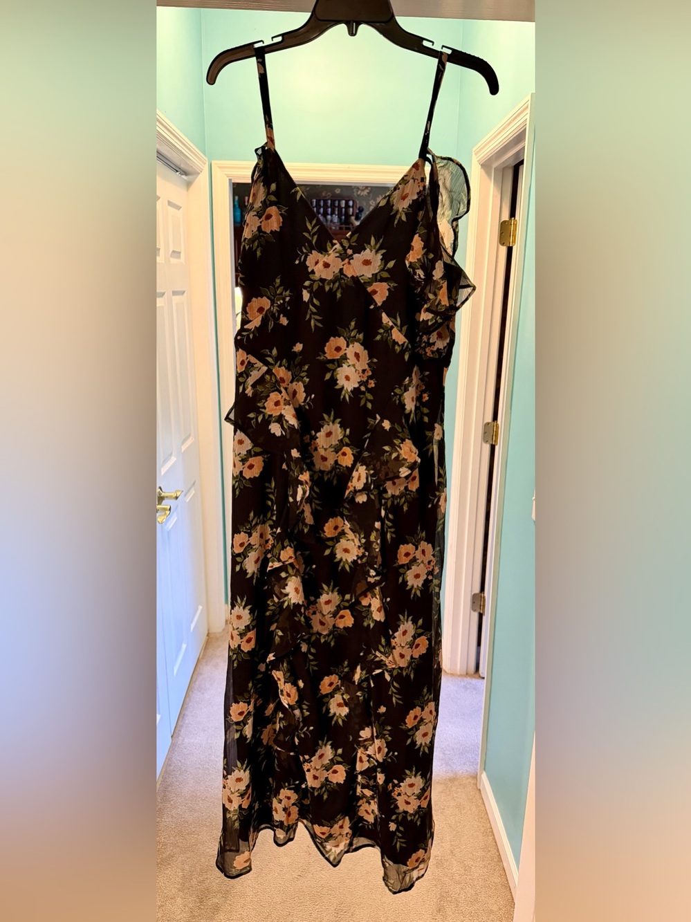 The Occasion by Old Navy Off-Shoulder Ruffle Chiffon Maxi Dress Black Floral 14
